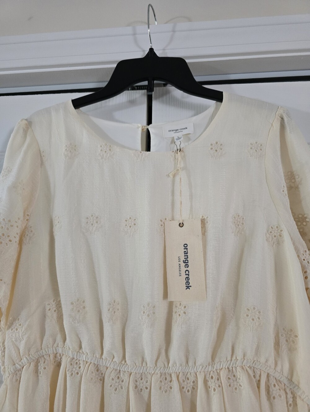 Women's Embroidery Romantic Puff Short Sleeve Rayon Cream Midi Dress Size L - Picture 6 of 17